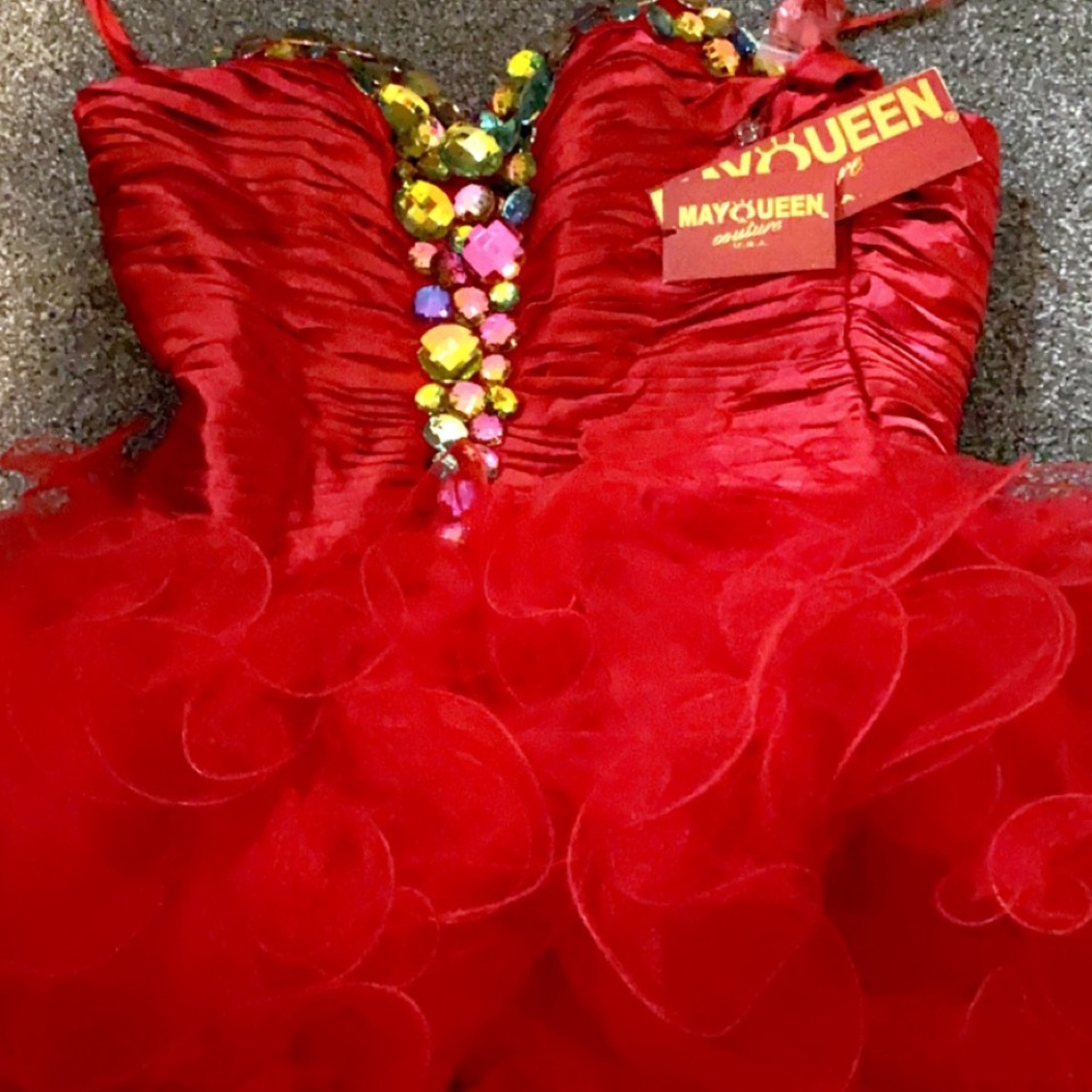 Red  Rhinestone Ruffle strapless dress - Picture 4 of 5